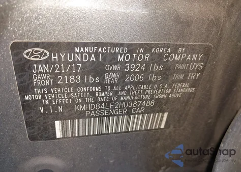2017 Hyundai Elantra Value Edition z USA, uszkodzony, nr VIN KMHD84LF2HU387488